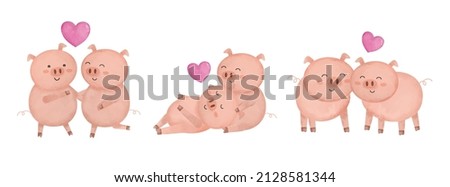 Valentine’s Day vector illustration. Three cute couple pigs on white background with many hearts for graphic designer create artwork, card, brochure for various invitations or greetings 