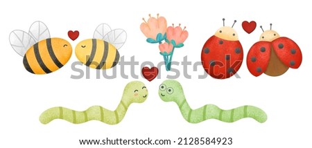 Valentine’s Day vector illustration. Three cute couple insects on white background with many hearts for graphic designer create artwork, card, brochure for various invitations or greetings 