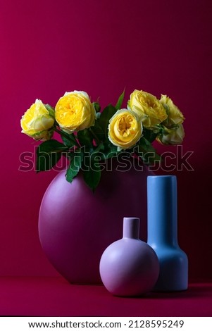 still life on a burgundy background with three vases and yellow English roses