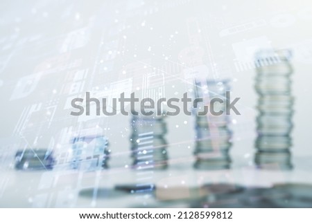 Abstract virtual coding illustration on coins background, software development concept. Multiexposure