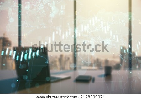 Multi exposure of abstract financial diagram with world map and modern desk with computer on background, banking and accounting concept