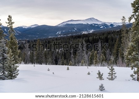 Landscape view of snowy mountains and forests of Breckenbridge, Colorado in Februrary