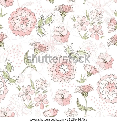 Romantic seamless print for fabric, wallpaper with pink zinnias, delphiniums, crocuses, rosans, and green leaves outlined on a white background in vector.