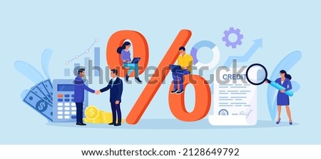 Bank loan, credit agreement. Tiny people and big percent sign. Discount, loyalty program, promotion. Good interest rate. Lending of organization or entity. Personal loans with interest-free periods Royalty-Free Stock Photo #2128649792