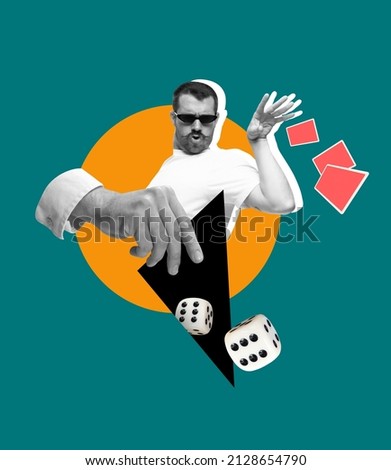 Joy, fun. Excited young man playing on navy background. Modern design, contemporary collage. Inspiration, idea, trendy magazine style, creativity. Surrealism. Gambling, addiction betting and winning
