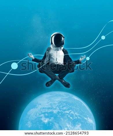 Contemporary art collage with businessman in helmet sitting in lotus position on outer space background. Concept of astronautics, dreams, astronomy, art, Day of Human Space Flight. Ideas, imagination Royalty-Free Stock Photo #2128654793