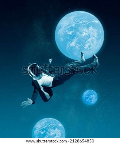 Conceptual creative artwork with businessman in helmet flying at outer space on sky background. Concept of astronautics, dreams, astronomy, art, Day of Human Space Flight. Ideas, imagination Royalty-Free Stock Photo #2128654850
