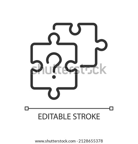 Unsolved puzzle linear icon. Jigsaw pieces and question mark. Difficult task solution. Thin line illustration. Contour symbol. Vector outline drawing. Editable stroke. Arial font used Royalty-Free Stock Photo #2128655378