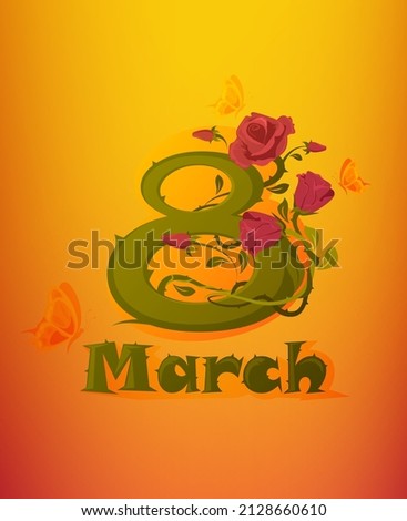 International Women's Day greeting card. A postcard for March 8. Text with butterflies in the form of a flower.