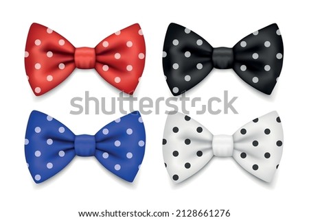 Vector 3d Realistic Polka Dot Red, Blue, White, Black Bow Tie Icon Set Closeup Isolated. Silk Glossy Bowtie, Tie Gentleman. Mockup, Design Template. Bow tie for Man. Mens Fashion, Fathers Day Holiday