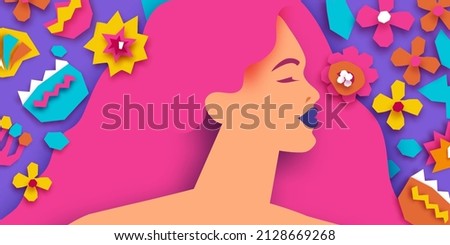 Female portrait with paper cut flowers. Happy Women's day. Happy Mother's Day. Abstract Hand drawn paper cut floral shapes. Trendy contemporary art. 8 March. Spring. Paper art work. Very peri color Royalty-Free Stock Photo #2128669268