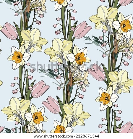 Seamless floral pattern with colorful flowers tulips and daffodils, Convallaria (lily of the valley), leaves on blue background. Hand drawn. For textile, fashion, wallpapers, wrapping paper. 