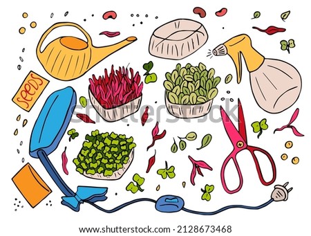 Growing microgreens set hand drawn sketch vector. Microgreen in boxes isolated, planting micro-greenery, sprayer, watering can, seeds, scissors, lamp for greenery. Element for design, print, sticker, 