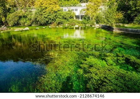 Green seaweed and waters of the Sorgue river in Fontaine-de-Vaucluse village in Provence, France Royalty-Free Stock Photo #2128674146