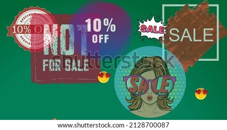 Image of emojis with red hearts and sale text over green background. sales and communication concept digitally generated image.