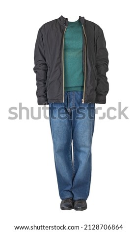 dark blue jeans,green sweater,black jacket and black leather shoes isolated on white background. Casual style