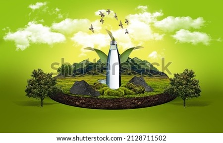 Water bottle natural landscape manipulation. Water source. Green background. Royalty-Free Stock Photo #2128711502
