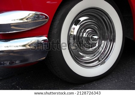 Close up  red retro car wheel.