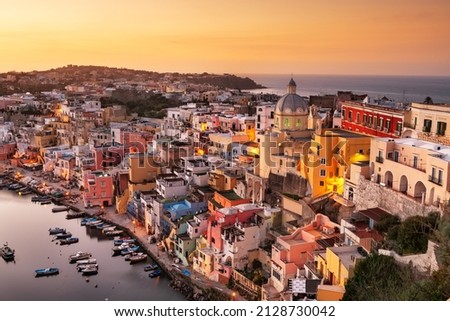 Procida, Italy old town skyline in the Mediterranean Sea during dusk. Royalty-Free Stock Photo #2128730042