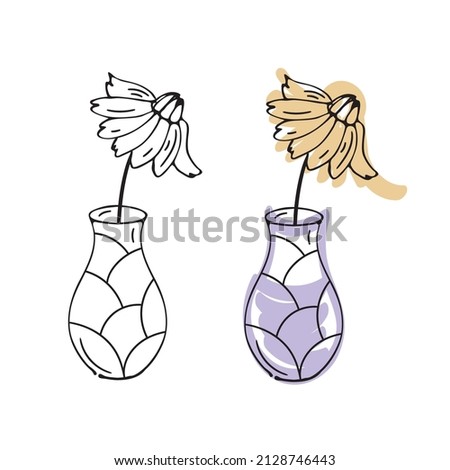 Flower, Vase doodle icon set. Vector, united lines. Hand drawn sketch ink line, paint brush strokes illustration. Outline and colored clipart. Decorative isolated elements. White background