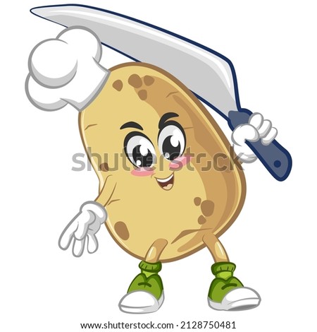 Vector mascot, cartoon and cute potato illustration being a chef with a big dinner knife