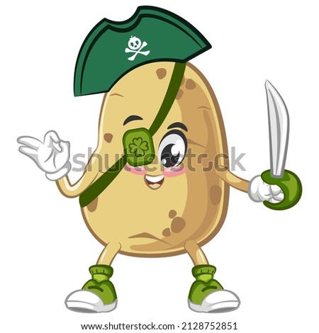 Vector mascot, cartoon and cute potato illustration being a one eye pirate with his hat and dagger Royalty-Free Stock Photo #2128752851