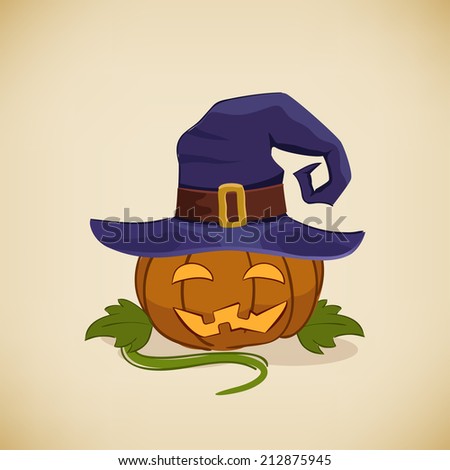 Vintage Halloween card with cartoon pumpkin in hat. Vector