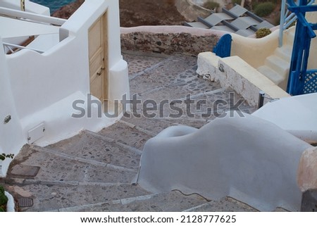 Stone staircases and white houses on Santorini Island, Greece