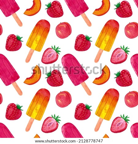 Watercolor pattern of ice cream and fruit. Hand painted sweet summer dessert background perfect for textile and scrapbooking. Summer dessert.