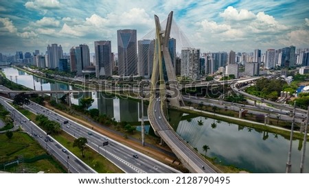 Estaiada's bridge aerial view in Marginal Pinheiros, São Paulo, Brazil. Business center. Financial Center. Famous cable stayed (Ponte Estaiada) bridge Royalty-Free Stock Photo #2128790495