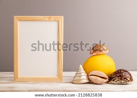 Wooden frame with melon, seashells on gray pastel background. Side view, copy space. Tropical, healthy food, vacation, holidays concept.