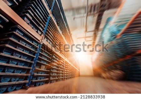 Gold mining storage rock core samples geology drilling industy. Large ore warehouse in modern industry, ores stacked in boxes. Selective focus  Royalty-Free Stock Photo #2128833938