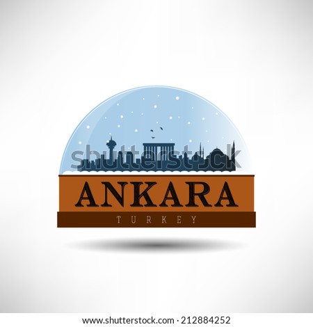  Ankara, Turkey city skyline silhouette in snow globe. Vector design.