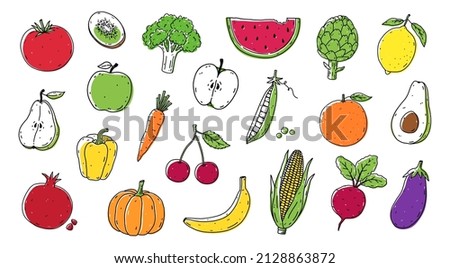 Set of fruits and vegetables - corn, broccoli, beetroot, tomato, carrot, avocado, apple, pear, lemon, banana, orange and others. Organic healthy food. Vector hand-drawn illustration in doodle style. Royalty-Free Stock Photo #2128863872