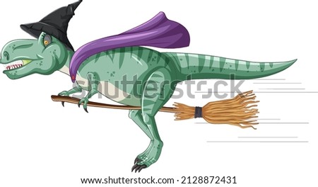 Tyrannosaurus rex dinosaur riding on broomstick in cartoon style illustration