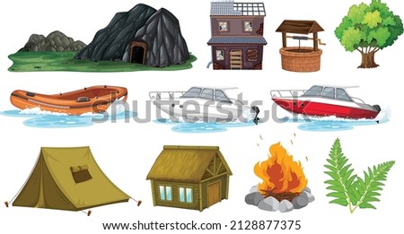 Set of camping objects and elements illustration