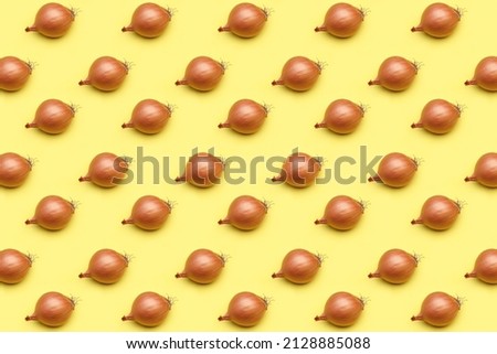 Onion head in a golden yellow peel on a yellow background. Pattern, template, background, studio shot.