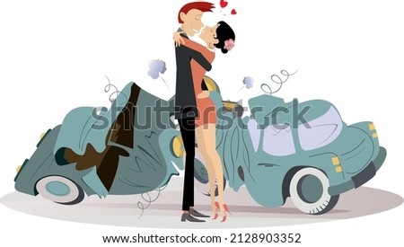 Road accident and kissing love couples illustration. 
Man and woman fall into the road accident and find love
