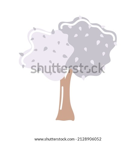Hand drawn decorative double blue tree with leaves. Neutral color palette. Magic tall tree. Clip art. Childish illustration in flat cartoon style isolated on white background.