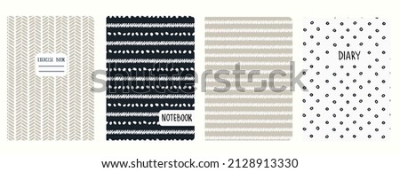 Cover page templates based on seamless geometric patterns in white, black, beige with handdrawn shape, wavy, lines. Backgrounds for notebooks, notepads, diaries. Headers isolated and replaceable