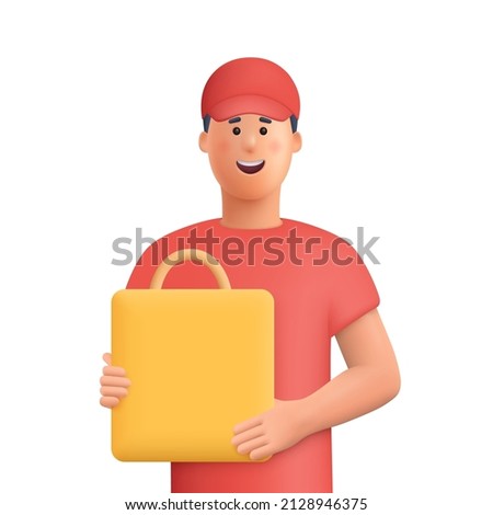 Delivery courier man in red uniform with shopping bag. Safe delivery of goods concept. concept. 3d vector people character illustration. Cartoon minimal style. Royalty-Free Stock Photo #2128946375