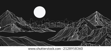 Abstract white mountain on night time background. Minimalist landscape on black wallpaper with hills, sun, moon in hand drawn pattern. Line art design for cover, banner, print, wall art, decoration. Royalty-Free Stock Photo #2128958360