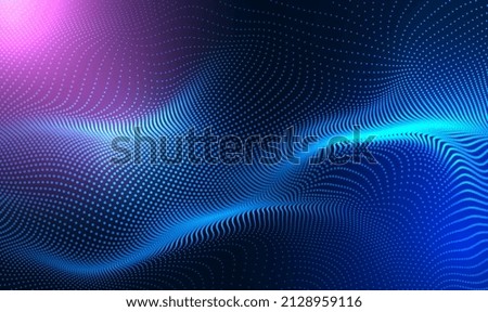 Abstract Waving Particle Technology Background Design. Abstract wave moving dots flow particles, hi-tech and big data background design for brochures, flyers, magazine, business card, banner. Vector Royalty-Free Stock Photo #2128959116