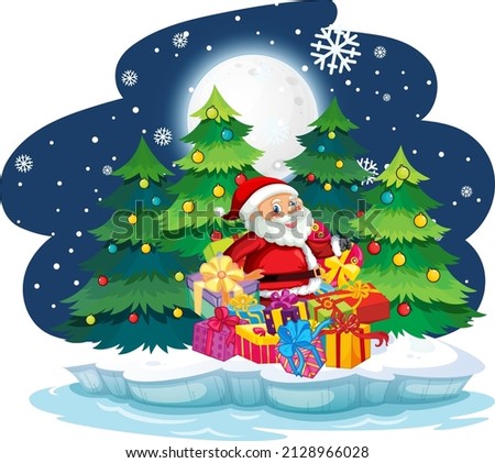 Snowy night with Santa Claus delivering gifts illustration