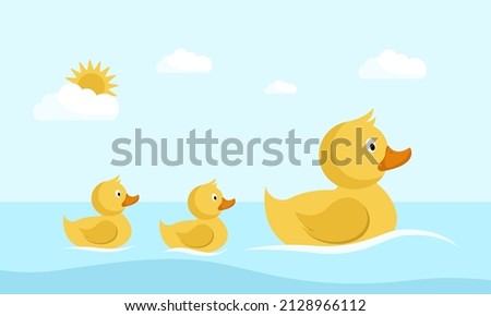 Cute ducks swimming in the pond. Flat cartoon character. Vector illustration of three ducklings