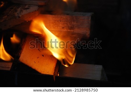 Fire blazes over a fire of wood. A bright yellow-orange flame burns in the dark. Tongues of flame of different lengths and shapes rise above the fire and blaze with heat.