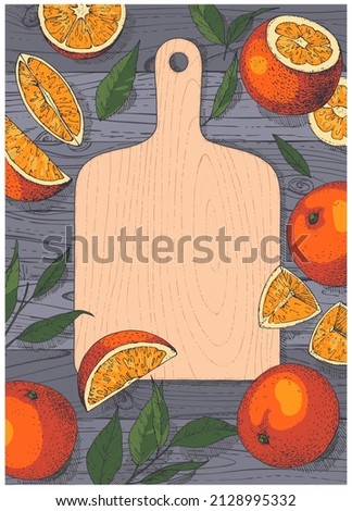 Vector illustration with hand-drawn oranges and a cutting board. Color sketch composition cut fruits on a wooden background. For the design of advertising, posters, magazine pages recipes, banners