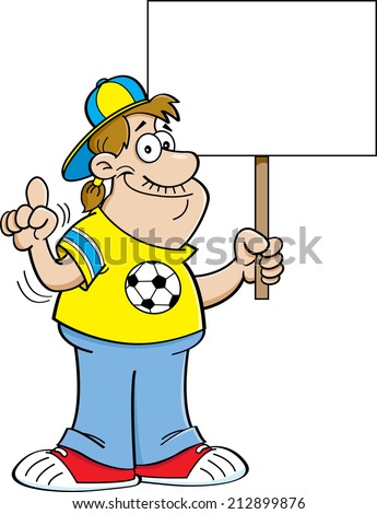 Cartoon illustration of a soccer fan holding a sign.