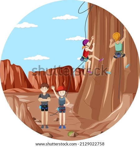 Scene with people climbing rocky moutain on circle artboard illustration