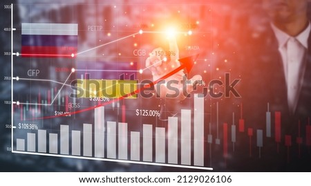 Market graph of business and trade losses during the war, Business losses on the stock market chart concept, Business use pen touch line market chart and Red arrows fall to the ground, indicating Royalty-Free Stock Photo #2129026106